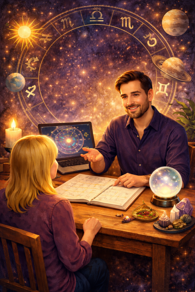 Home astrologer and woman exploring the stars