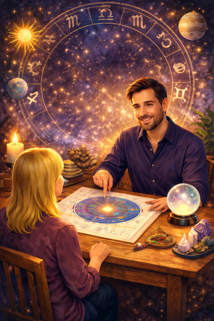 Home Astrologer Reading Birth Chart In Warmth 683x1024