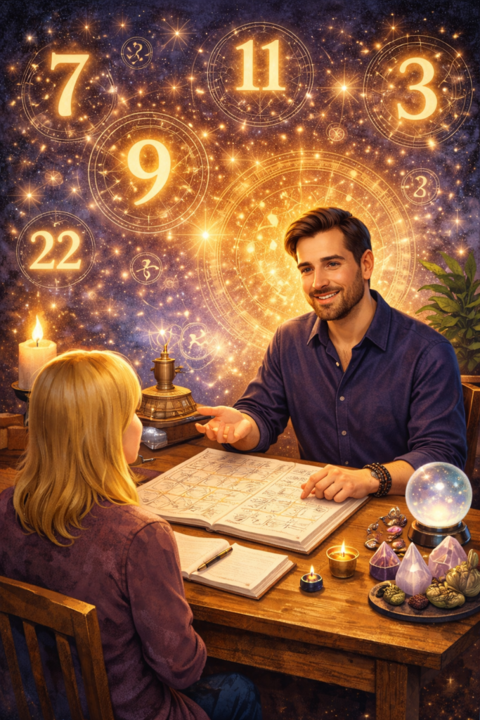 Home numerology session in a cosmic glow